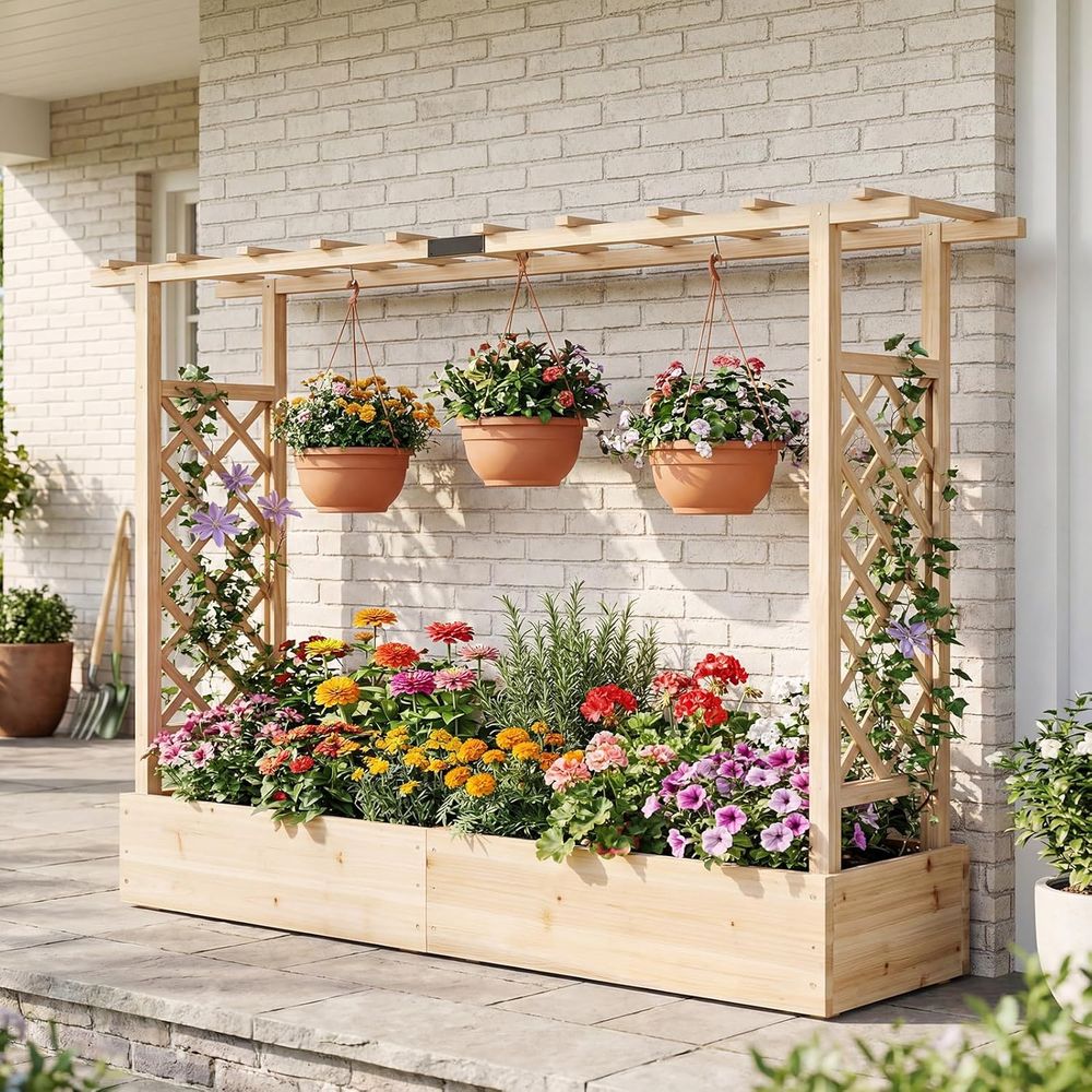 45 Tall Wooden Elevated Garden - Hanging Planter Basket avaliação e preço